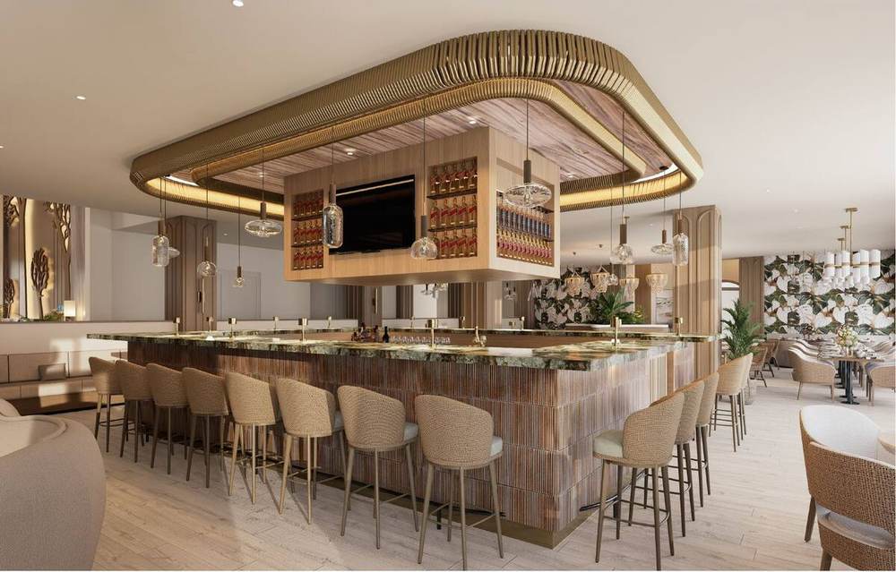 Rendering of the resort bar with brass ceiling detail and cane stools