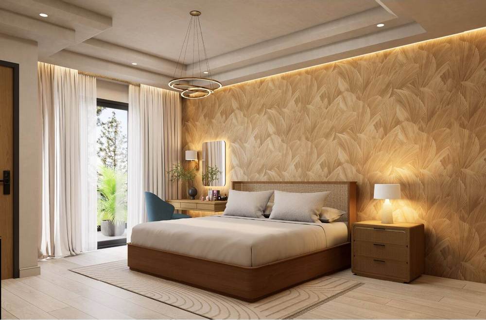 Rendering of a typical king guest room with textured headboard wall