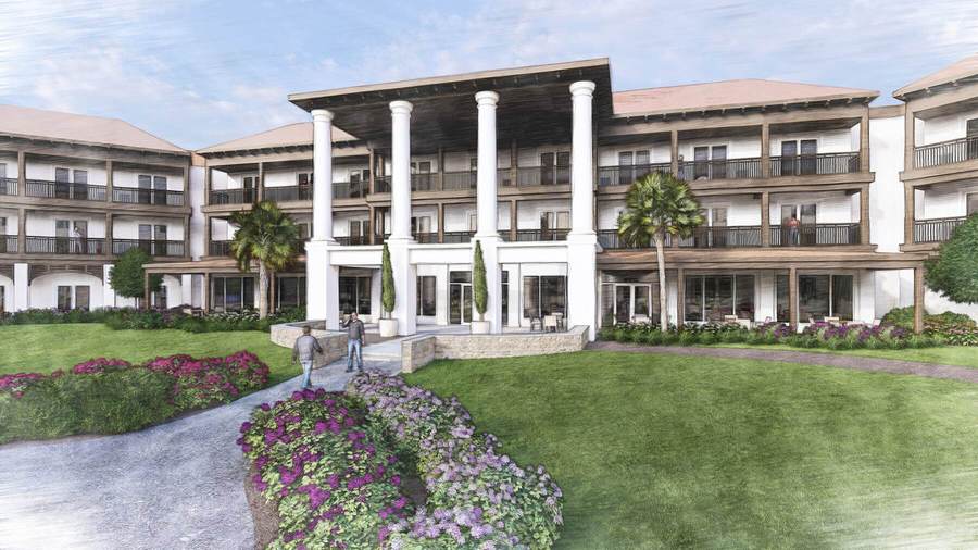 Rendering of the Inn facade, colonnade and gardens