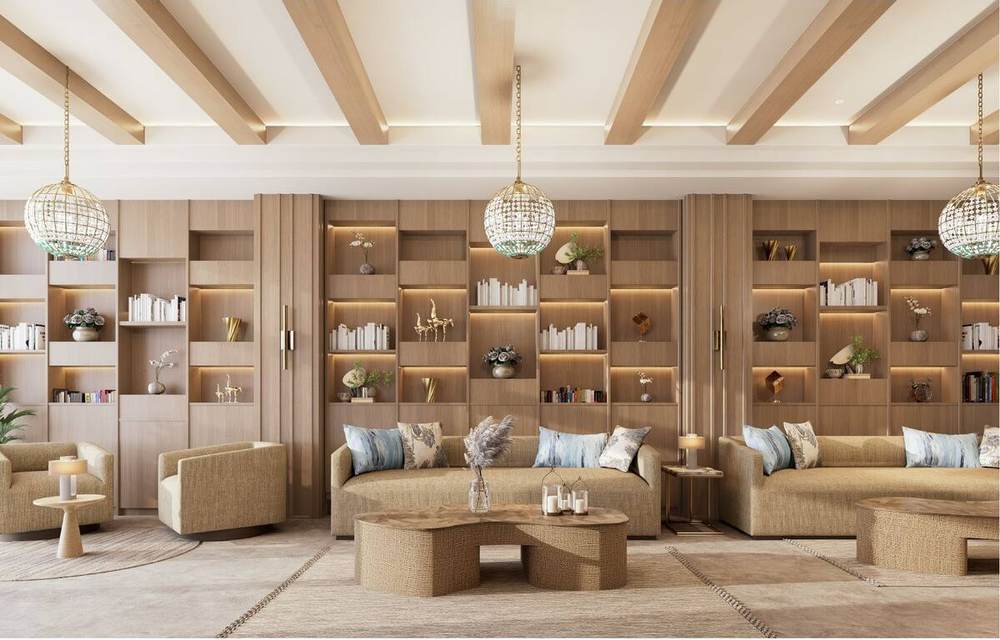 Rendering of the lobby library lounge with timber shelving