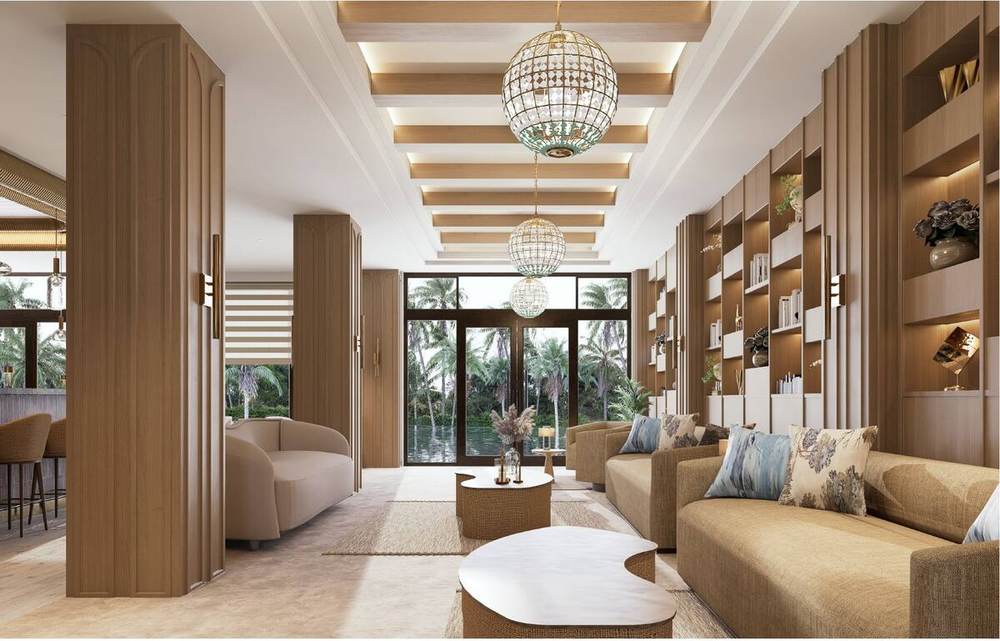Rendering of a lounge interior with timber shelving and daylight