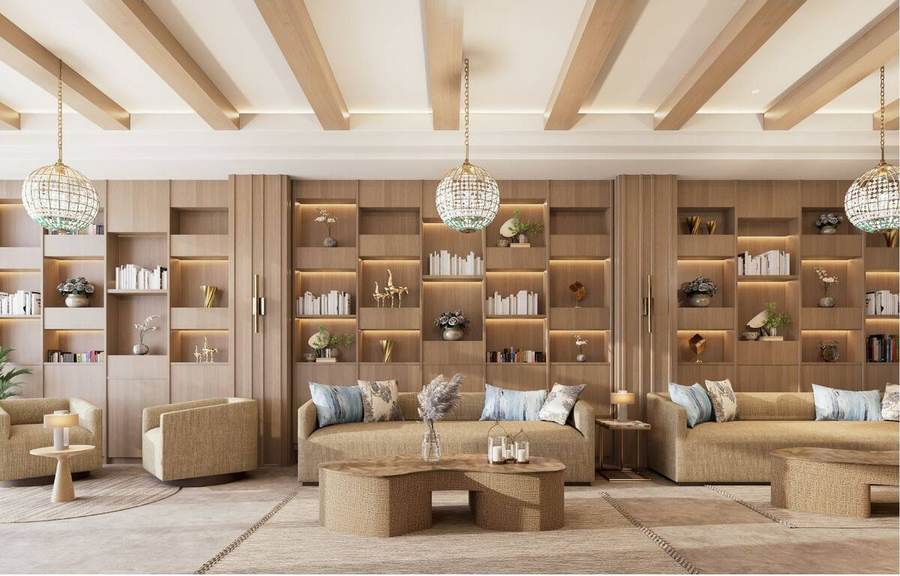 Rendering of the library lounge with timber shelving