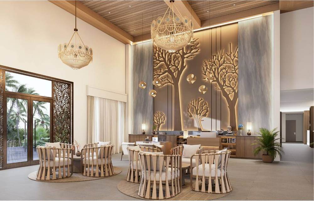 Rendering of the main lobby with carved tree screen and woven pendants