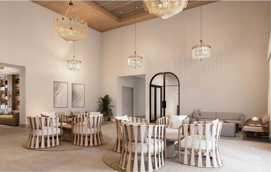 Rendering of a lobby lounge with pendant lighting