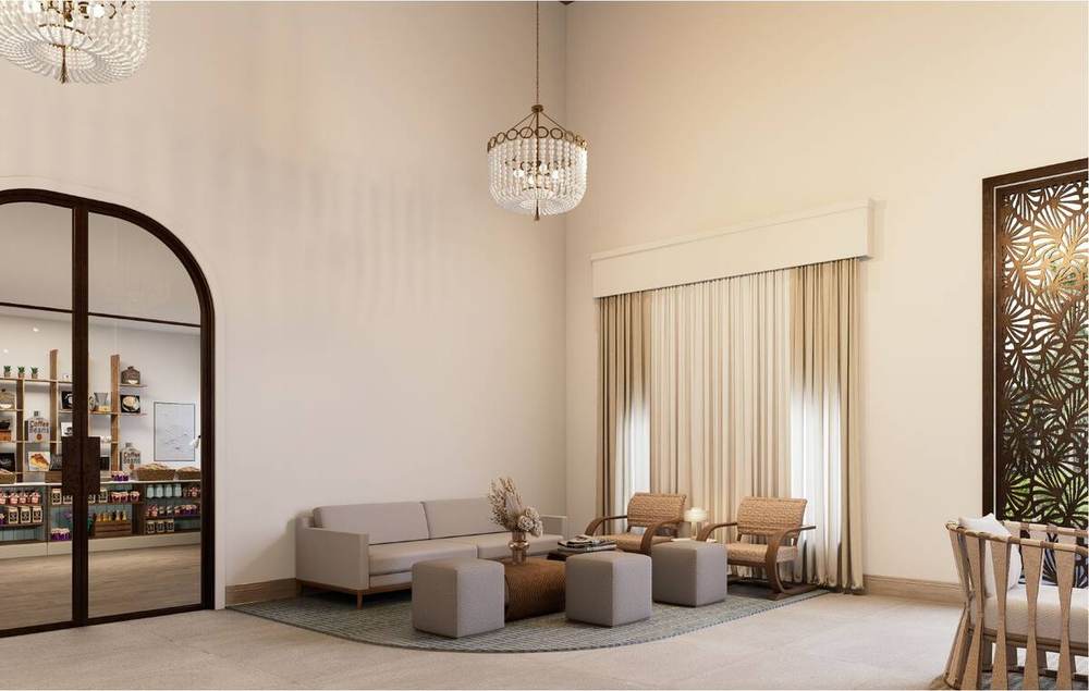 Rendering of a lobby seating area beside the dining room