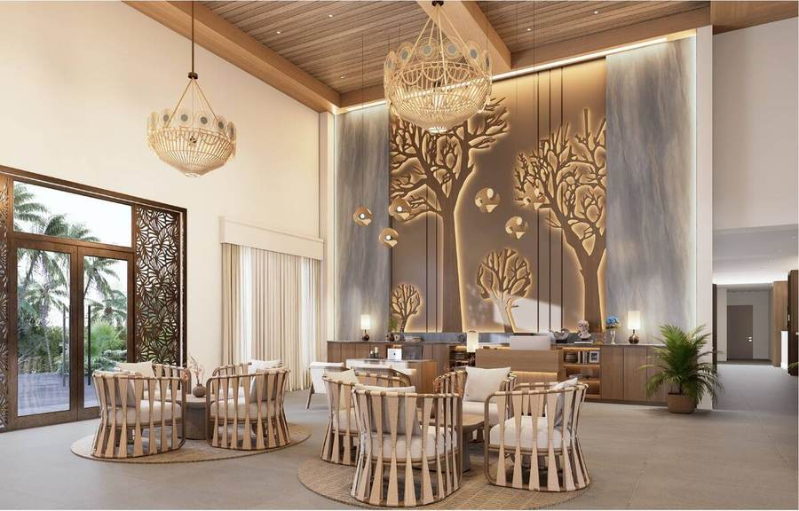 Rendering of the main lobby with carved tree screen