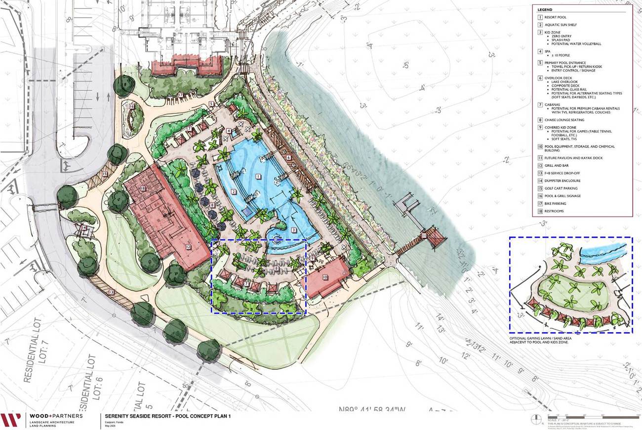 Color master plan of the Halcyon Seaside site showing the inn, pool, lake and cottages