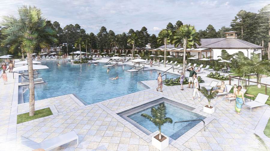 Aerial rendering of the resort pool and deck