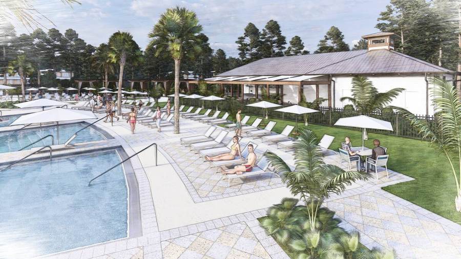 Rendering of the pool with cabanas and lawn