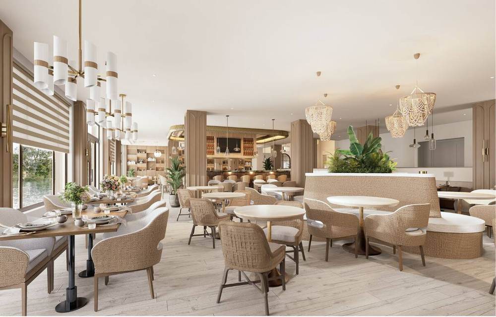 Rendering of the restaurant with banquette seating and open kitchen